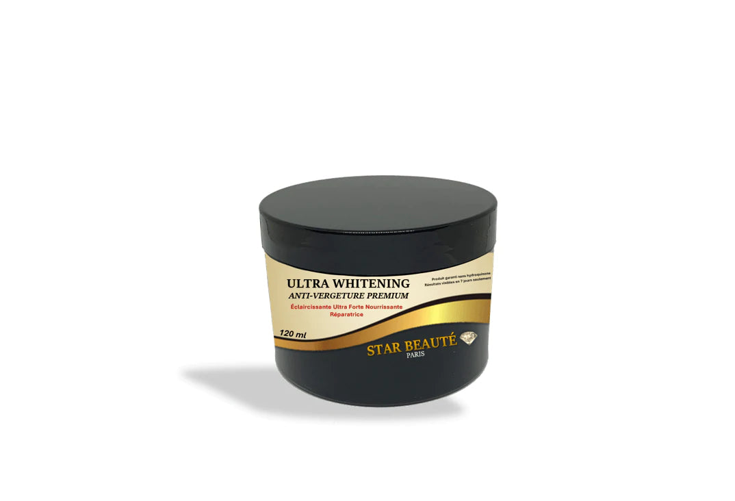 Crème Anti-Vergeture Anti-Ageing Anti-Age Eclaircissant Whitening Black skin Premium Teint Vanille - Star Beauté Paris Organics Skin Care N°1 des ventes / Best Seller / ULTRA WHITENING - ANTI-VERGETURE PREMIUM Teint Vanille - 120ml La crème anti-vergeture PREMIUM est un mélange corporel à base vitamines, de pur beurre de Cacao et Karité, et enrichie de Glutathione, de sépi et giga white.