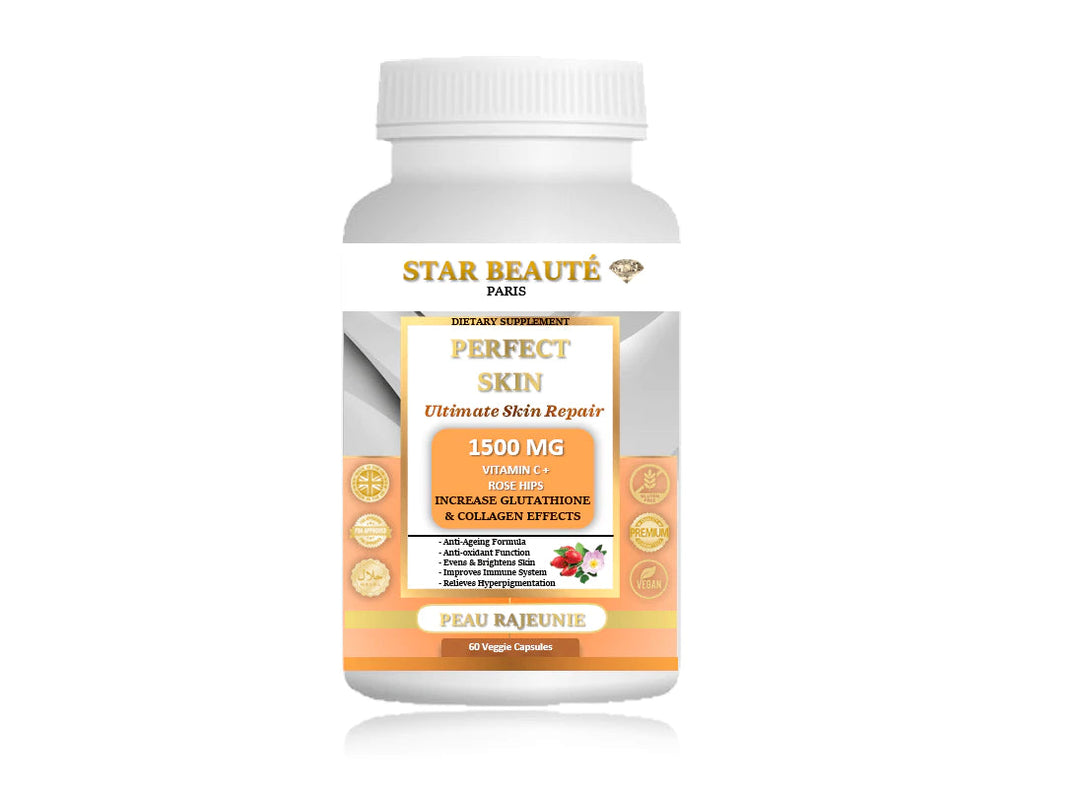 Gélules Anti-Ageing Anti-Age Eclaircissant Whitening Black skin - Star Beauté Paris Organics Skin Care N°1 des ventes / Best Seller / Booster Gélules Vitamine C + Rise Hips 1500MG - Ultimate Skin Repair Star Beauté Cosmétique vous propose un produit révolutionnaire de l'industrie cosmétique 100% organique végétale venant de U.K Vitamine C et Rose Hips 1500mg Réparation et rajeunissement ultime de la peau.