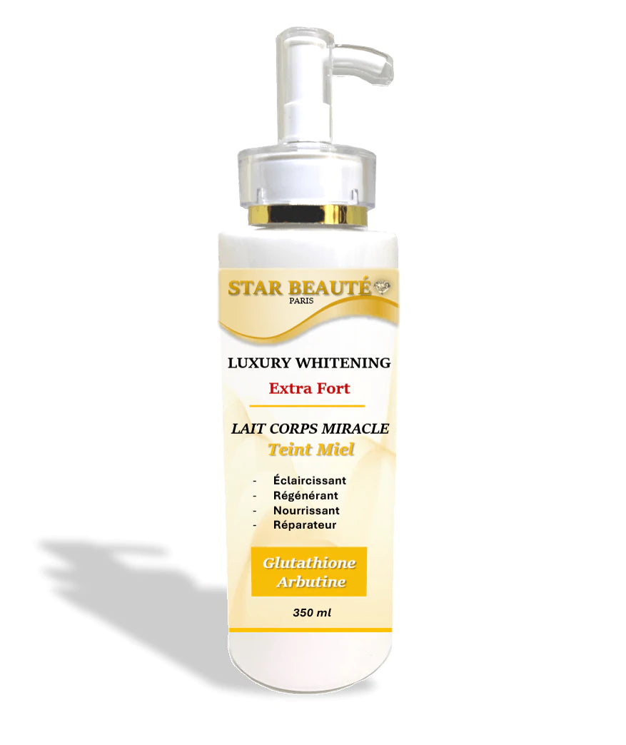 Lait Corps Anti-Ageing Anti-Age Eclaircissant Whitening Black skin - Star Beauté Paris Organics Skin Care N°1 des ventes / Best Seller / LUXURY WHITENING - Lait Corps MIRACLE Teint Miel Glutathione & Arbutine - 350ml Le lait corps MIRACLE est un mélange de plusieurs huiles nourrissantes et réparatrices, vitamines, glutathione, kojique, et arbutine qui ont des propriétés blanchissantes et une action rapide.