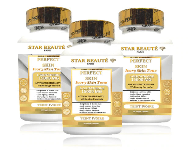 Set gelules Anti-Ageing Anti-Age Eclaircissant Whitening Black skin - Star Beauté Paris Organics Skin Care SET GELULES ORGANICS L-GLUTATHIONE 15000MG - TEINT IVOIRE - 3 BOITES Économisez 15% sur chaque boite pour l'achat d'un set de 3 boites. Star Beauté Cosmétique vous propose un produit révolutionnaire de l'industrie cosmétique 100% organique végétale venant de U.K L-Glutathione 15000MG Ivory Skin Tone.