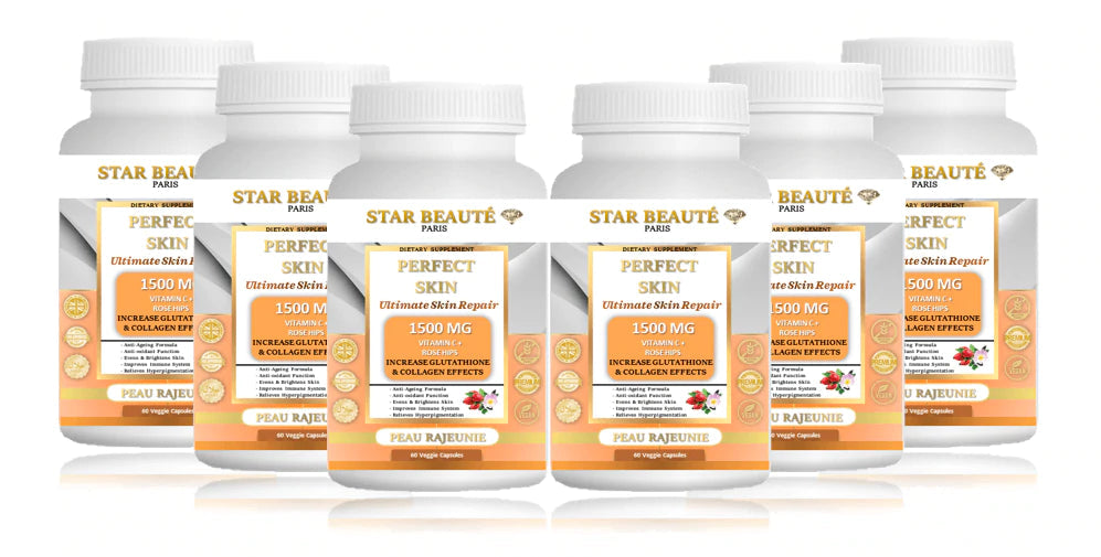 Set gelules Anti-Ageing Anti-Age Eclaircissant Whitening Black skin - Star Beauté Paris Organics Skin Care SET GELULES ORGANICS VITAMINE C + ROSE HIPS - PEAU RAJEUNIE - 6 BOITES Économisez 15% sur chaque boite pour l'achat d'un set de 6 boites. Star Beauté Cosmétique vous propose un produit révolutionnaire de l'industrie cosmétique 100% organique végétale venant de U.K Vitamine C et Rose Hips 1500mg Réparation et rajeunissement ultime de la peau.